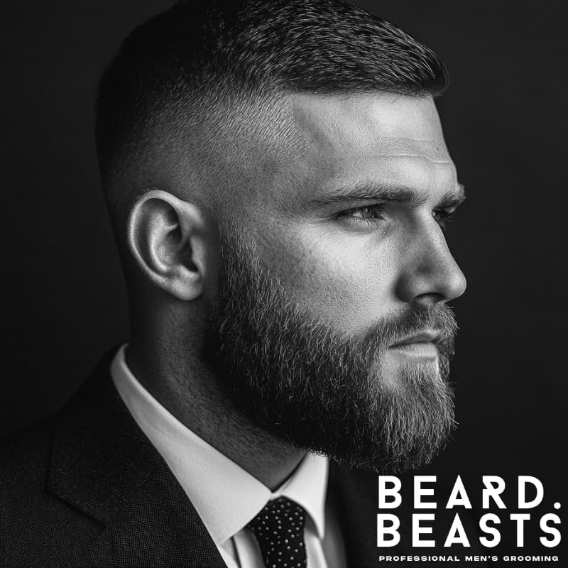 A black and white portrait of a well-groomed man with an oblong face shape, sporting a Corporate Beard—a neatly trimmed, medium-length beard designed for a professional appearance. The beard is evenly shaped with fuller sides, a clean neckline, and a structured cheek line, making it one of the best beard styles for oblong faces to add width and balance proportions. His sharp, classic hairstyle complements the beard, enhancing his strong jawline. He is dressed in a formal suit and tie, reinforcing a polished and business-ready aesthetic. The Beard Beasts logo is displayed in the bottom right corner, emphasizing professional men’s grooming.