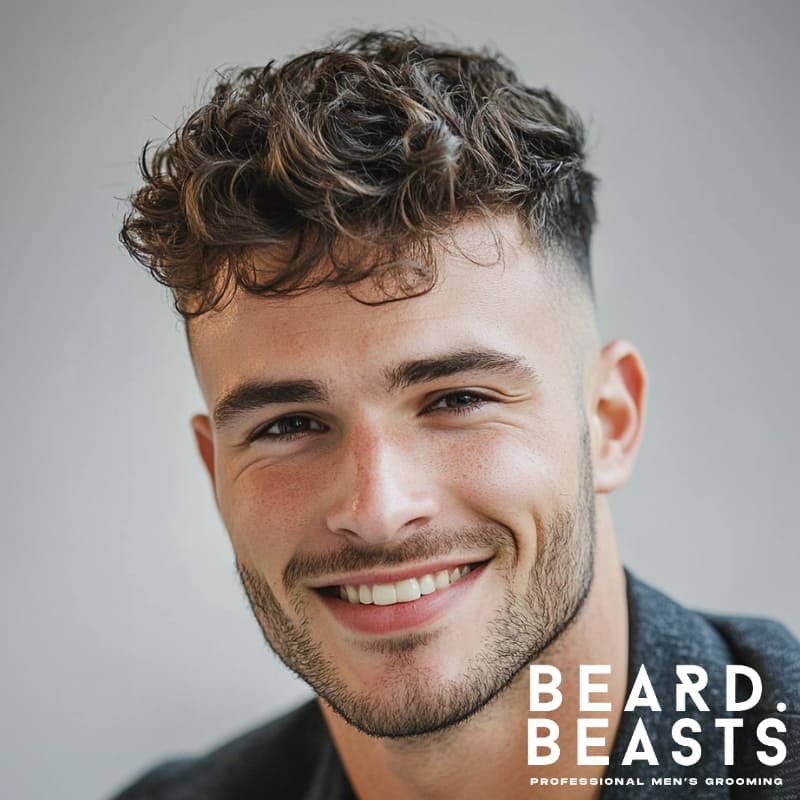 Smiling man with a curly messy crew cut and skin fade, featuring natural texture on top and neatly faded sides, ideal for showcasing defined curls in a modern men's hairstyle.