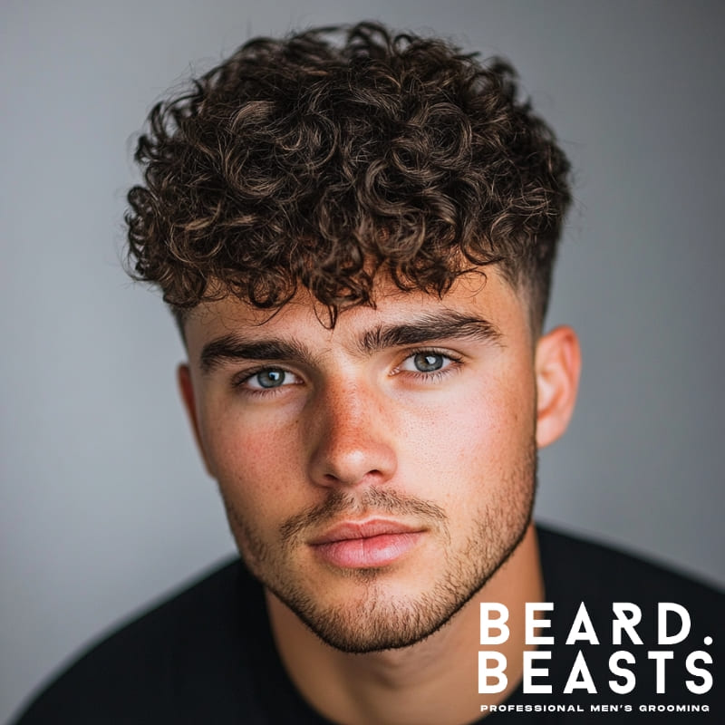Front-facing portrait of a young man with a curly textured cut and taper, showcasing defined natural curls on top with neatly tapered sides — stylish low-maintenance men’s haircut ideal for textured hair, featuring the Beard Beasts professional men’s grooming logo.
