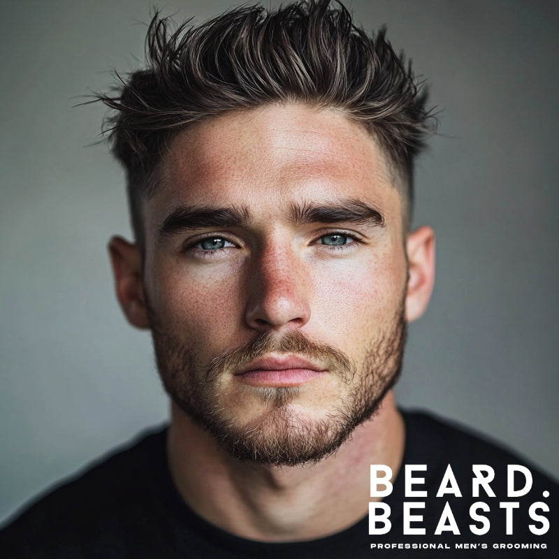 Close-up portrait of a man with a disconnected messy crew cut, featuring sharply faded sides with a distinct separation from the textured, voluminous top — a bold modern hairstyle for men with thick hair, branded with the Beard Beasts professional men’s grooming logo.