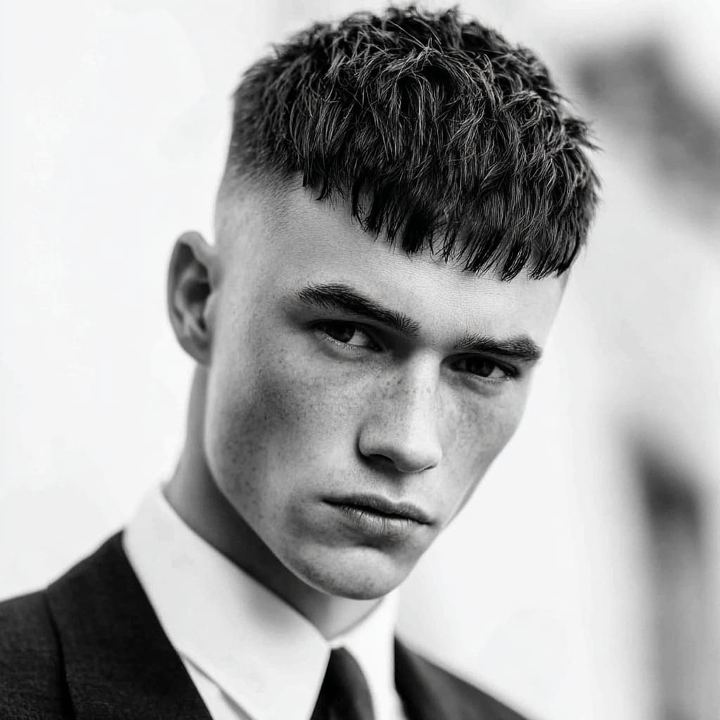 Man sporting a French Crop hairstyle, featuring short, textured hair on top with a blunt fringe, paired with a faded undercut. The hairstyle is clean and modern, making it perfect for formal occasions. Complemented by a neatly trimmed beard and a sharp tuxedo, the look is both stylish and sophisticated. An ideal example of men's formal hairstyles that balances contemporary trends with classic elegance.