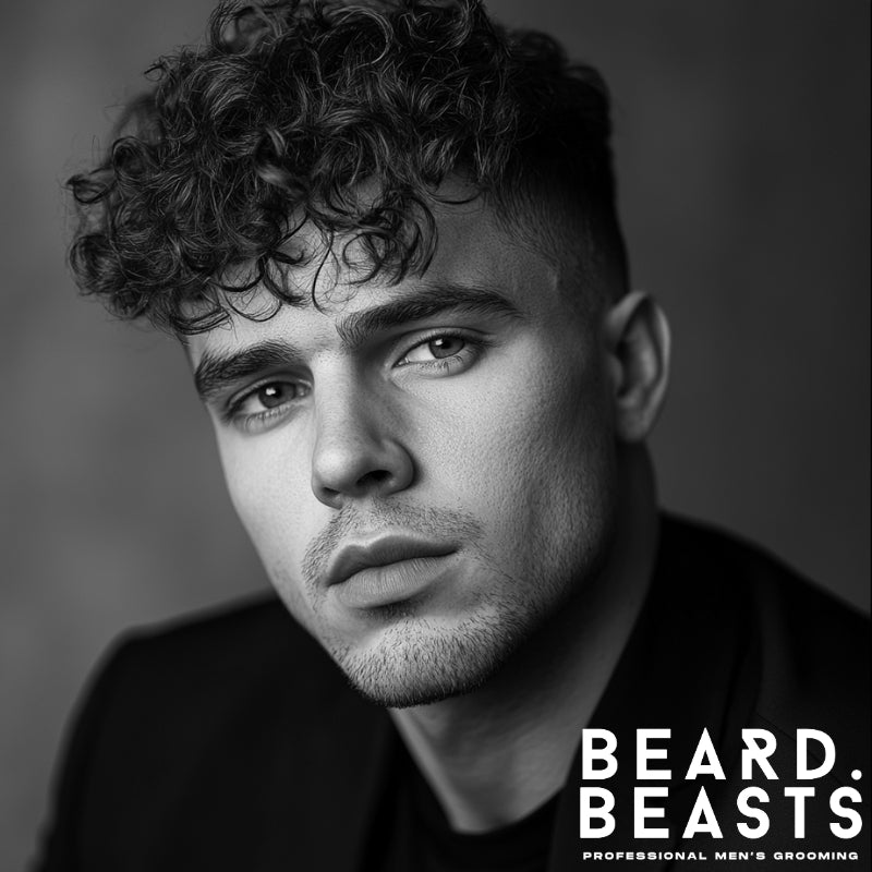 A young man is depicted with a curly fringe haircut, where his naturally curly hair is styled into a full, textured fringe that sits just above his forehead. The curls are dense and well-defined, giving the top of his head a voluminous, lively appearance. The sides are neatly faded, gradually blending into his skin, which contrasts with the thick curls on top. His expression is thoughtful, with his gaze directed slightly to the side, highlighting the strong lines of his jaw and cheekbones. He is wearing a simple, dark t-shirt, which keeps the focus on his hairstyle. The image is in black and white, emphasizing the texture and shape of the curls and the sharpness of the fade, creating a timeless and classic look. The overall style is youthful, clean, and modern, ideal for men embracing their natural curls.