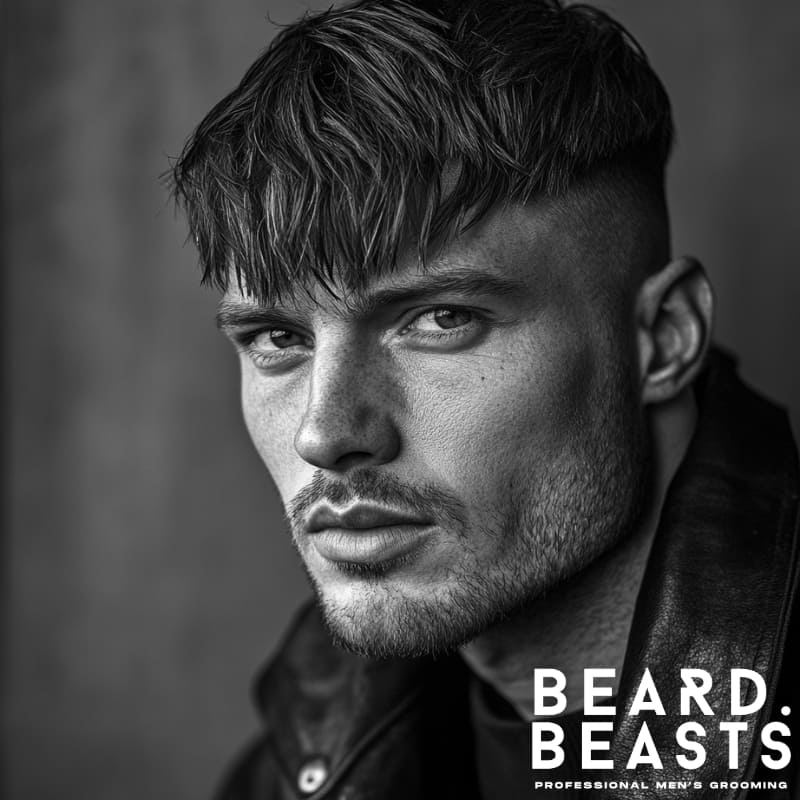 Man with a thick, textured fringe haircut and skin fade, highlighting one of the best fringe haircuts for men with thick hair.