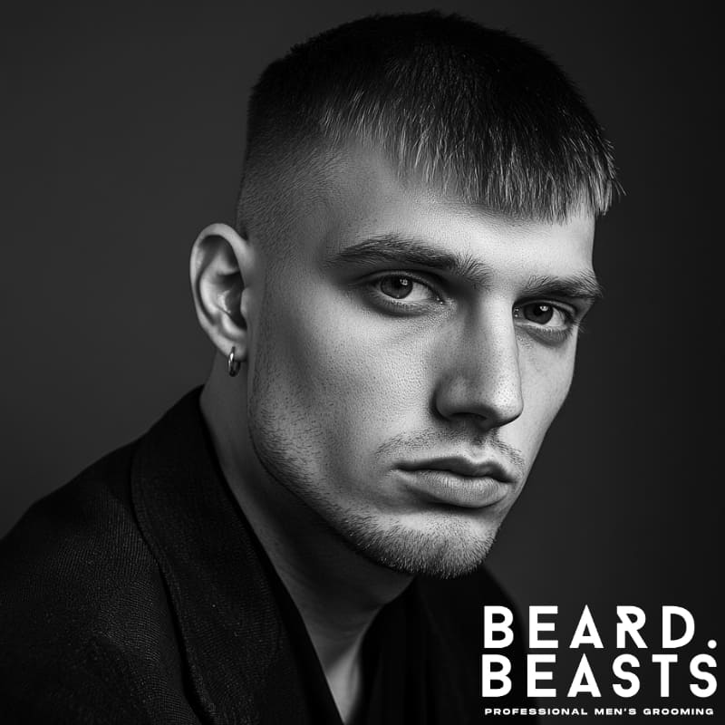 Man with a short, blunt fringe and faded sides, featuring one of the best fringe haircuts for men with thin hair in 2025.