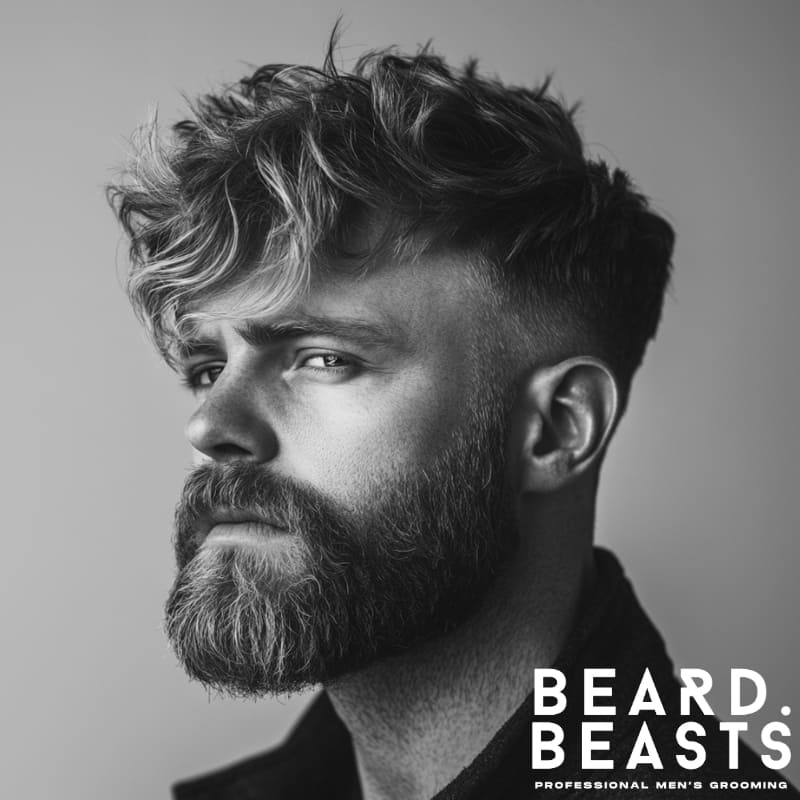 Side view of a man with a voluminous wavy fringe haircut and full beard, representing one of the top fringe haircuts for men with wavy hair in 2025.