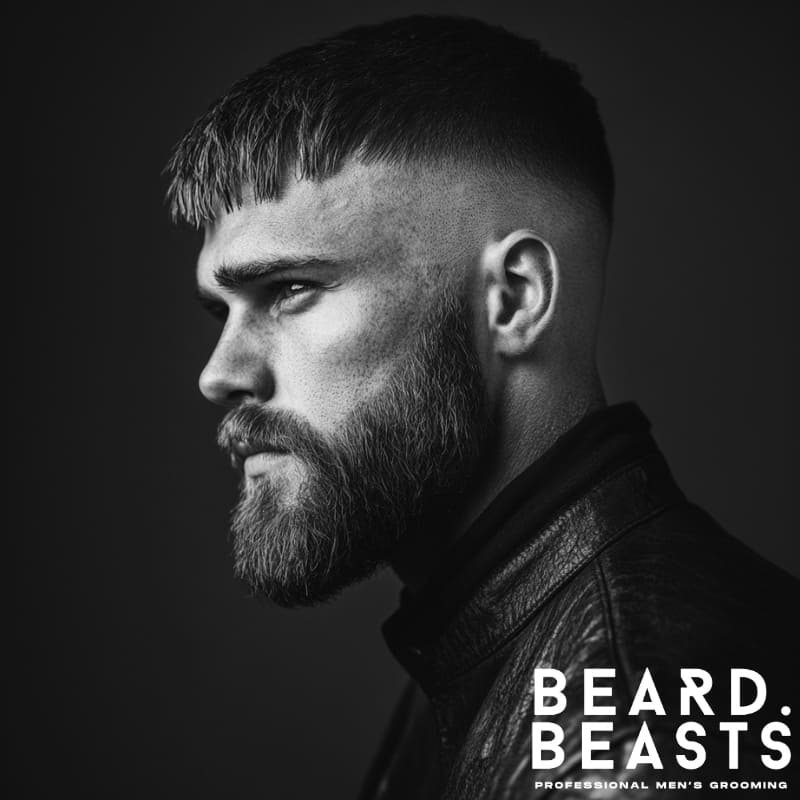 Side profile of a man with a blunt fringe haircut and high skin fade, representing one of the cleanest and most modern fringe haircuts for men.