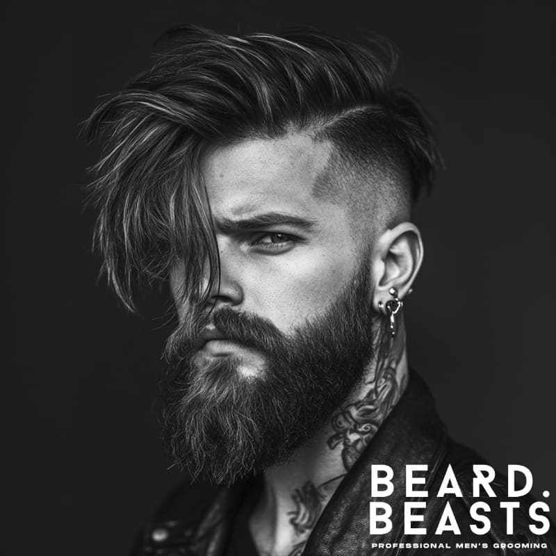 Man with a long, side-swept fringe and disconnected undercut, showcasing one of the most stylish fringe haircuts for men paired with a full beard and tattooed neck.