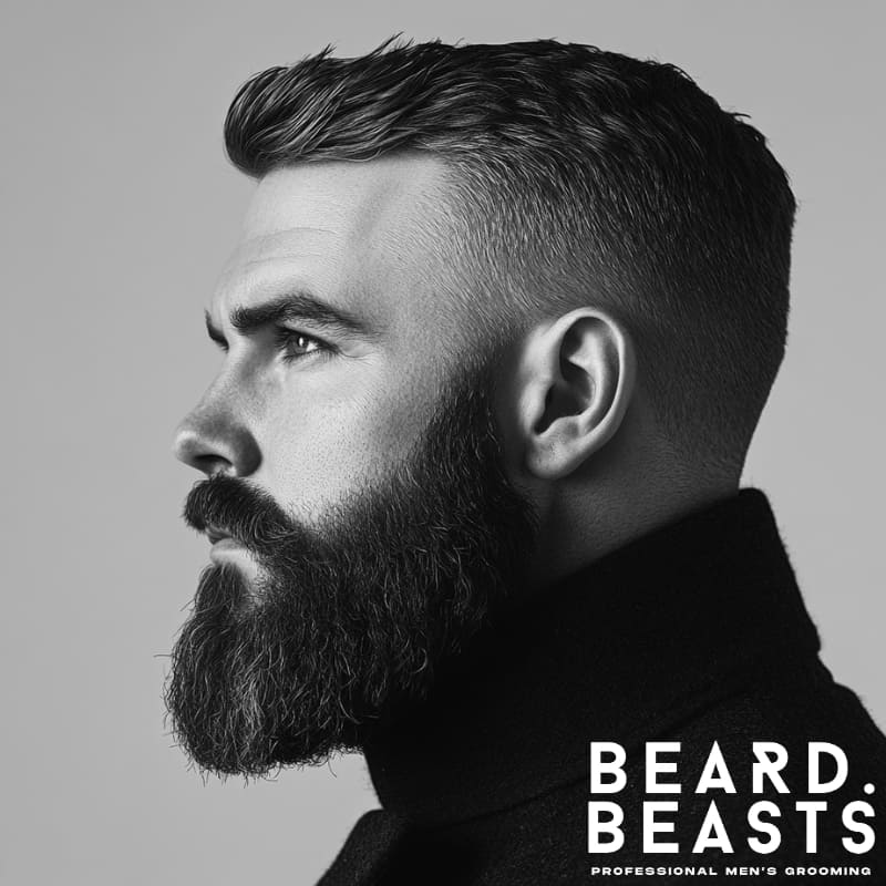 A black and white portrait of a confident man with an oblong face shape, sporting a full beard strategically shaped for balance. His beard features fuller sides to add width, a slightly shorter chin area, and a rounded bottom to prevent elongation, making it one of the best beard styles for oblong faces. His neatly groomed facial hair is complemented by a clean fade haircut, enhancing his strong jawline and masculine appearance. He is wearing a high-collared dark coat, adding a refined and sophisticated touch. The Beard Beasts logo is displayed in the bottom right corner, reinforcing a premium men's grooming aesthetic.