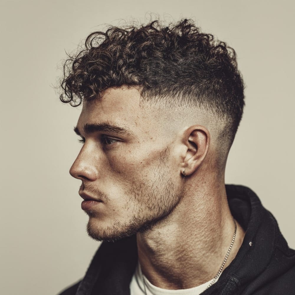 Side profile of a man with a high curly hair fade. His tightly curled hair is voluminous on top, gradually fading down to the skin around the sides and back, creating a sharp contrast between the curls and the fade. He is wearing a light gray shirt against a dark background, highlighting the clean, well-defined haircut.