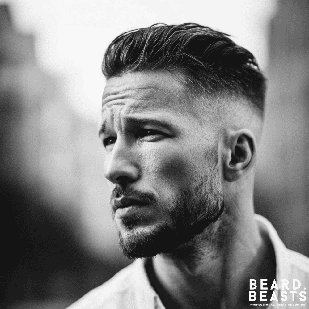 A close-up, black and white portrait of a man with a slick back high fade haircut. The sides are faded down to the skin, contrasting with the longer, textured hair on top. He has short stubble and a serious expression.