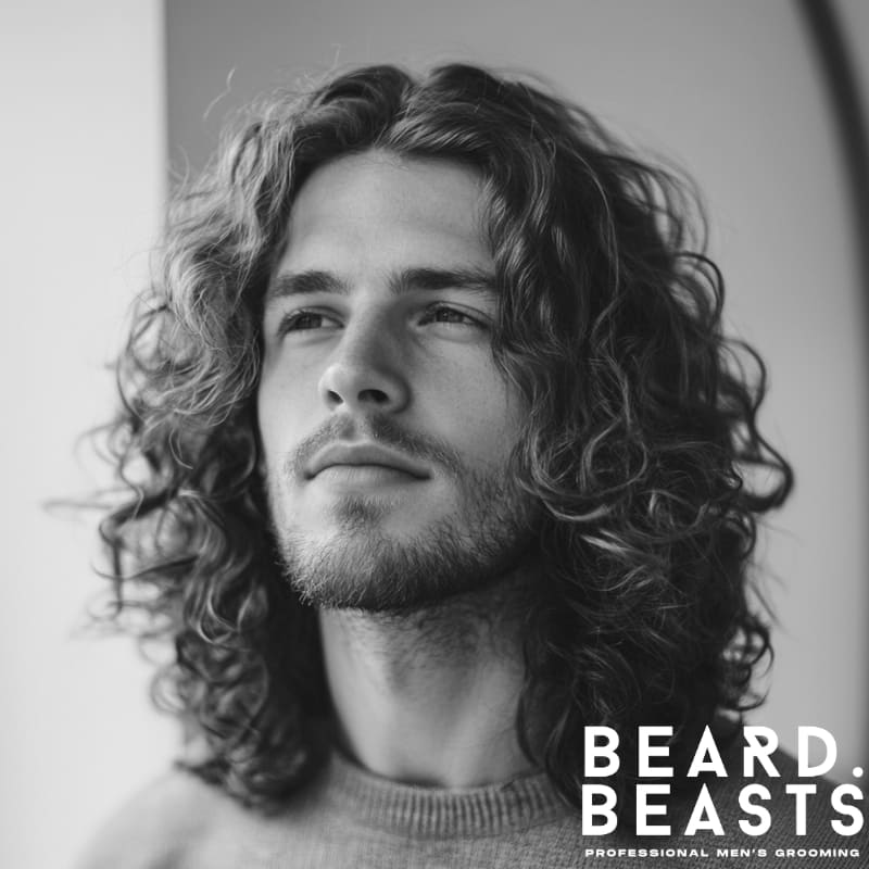 Young man with long, curly hair styled in a middle part, showcasing a natural and voluminous look.