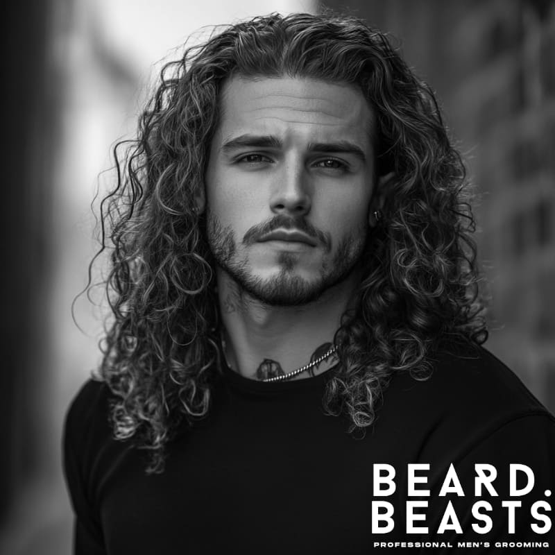 A man with long, natural curly hair styled into loose, defined curls. His beard is full and well-groomed, adding to his strong, confident look. This photo highlights a modern curly haircut for men, with the Beard Beasts logo in the corner.