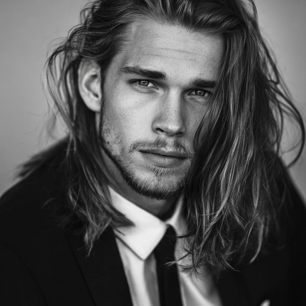 Man with long and flowing hair, styled naturally for a relaxed yet sophisticated look. The soft waves fall just past the shoulders, adding a touch of elegance and rugged charm. Paired with a tailored black suit and a white shirt, this hairstyle showcases a modern take on men's formal hairstyles, blending both casual and formal elements seamlessly. Ideal for men with longer hair looking to maintain their natural style in a formal setting.