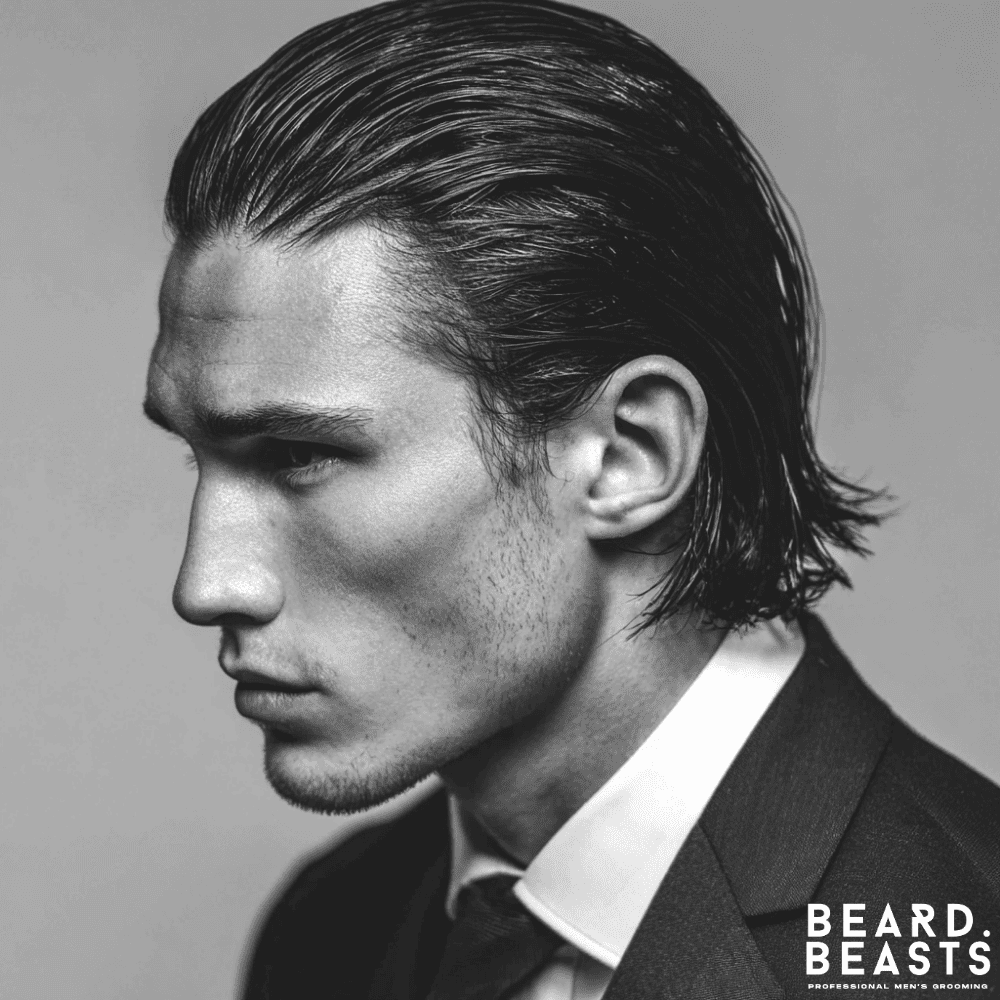 A professional black and white studio portrait of a male model with strong facial features. His long, wet-look hair is slicked straight back, and he is formally dressed in a dark suit, white shirt, and tie.