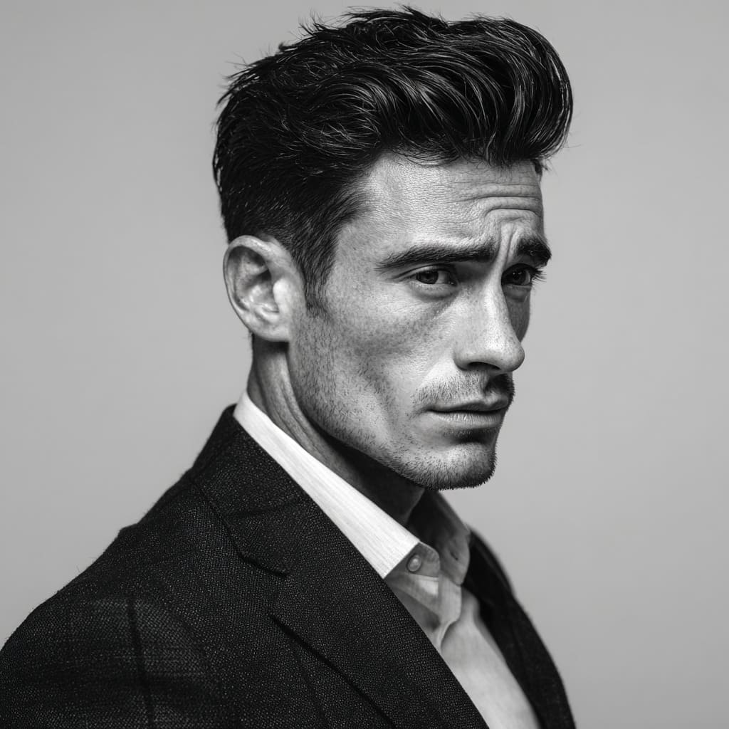 Man featuring a stylish brushed-up hairstyle, with voluminous hair on top styled upward for a bold, clean look. The sides are neatly faded, providing a modern contrast to the lifted top. Complemented by a well-groomed beard and paired with a light plaid suit and white shirt, this look is a standout among men's formal hairstyles. Ideal for formal occasions where a sharp, confident appearance is essential, this brushed-up hairstyle exemplifies modern elegance in men's formal hairstyles.