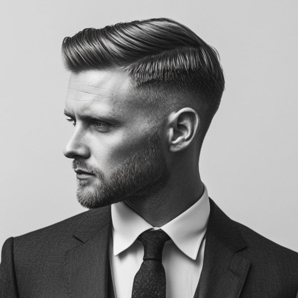 Man over 40 with a classic side part haircut, exuding elegance and sophistication—an ideal choice in haircuts for men over 40. His sharp, defined side part and tailored suit create a timeless, professional look, perfect for mature men who appreciate a refined, polished style.