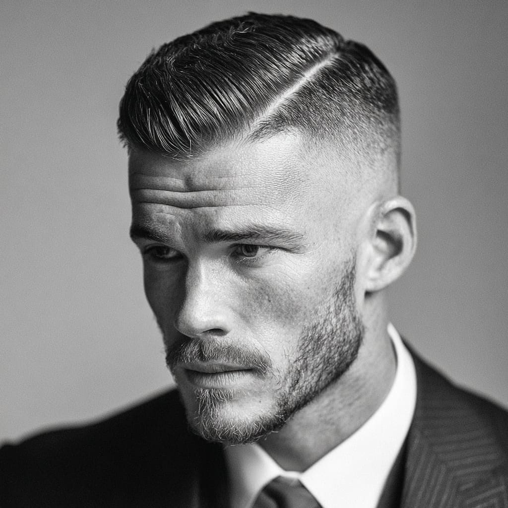 Man showcasing a sharp comb over fade hairstyle, featuring neatly styled hair combed to the side with a smooth fade on the sides and back. The clean lines and precise fade give this formal look a modern edge. Paired with a well-fitted suit and minimal facial hair, this comb over fade is a perfect option for men who want to combine sophistication with a contemporary twist, ideal for any formal setting.