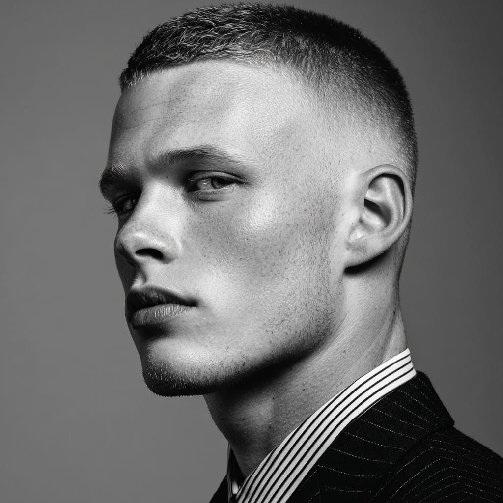 Man with a crew cut, featuring a short, tapered hairstyle with closely faded sides and slightly longer hair on top. This clean and structured look is complemented by a well-groomed beard and visible neck tattoos, adding a modern twist to this classic cut. Paired with a sharp black blazer and white tee, the crew cut is a versatile choice for men seeking a sleek and professional appearance for formal occasions, while still maintaining a bit of personal style.