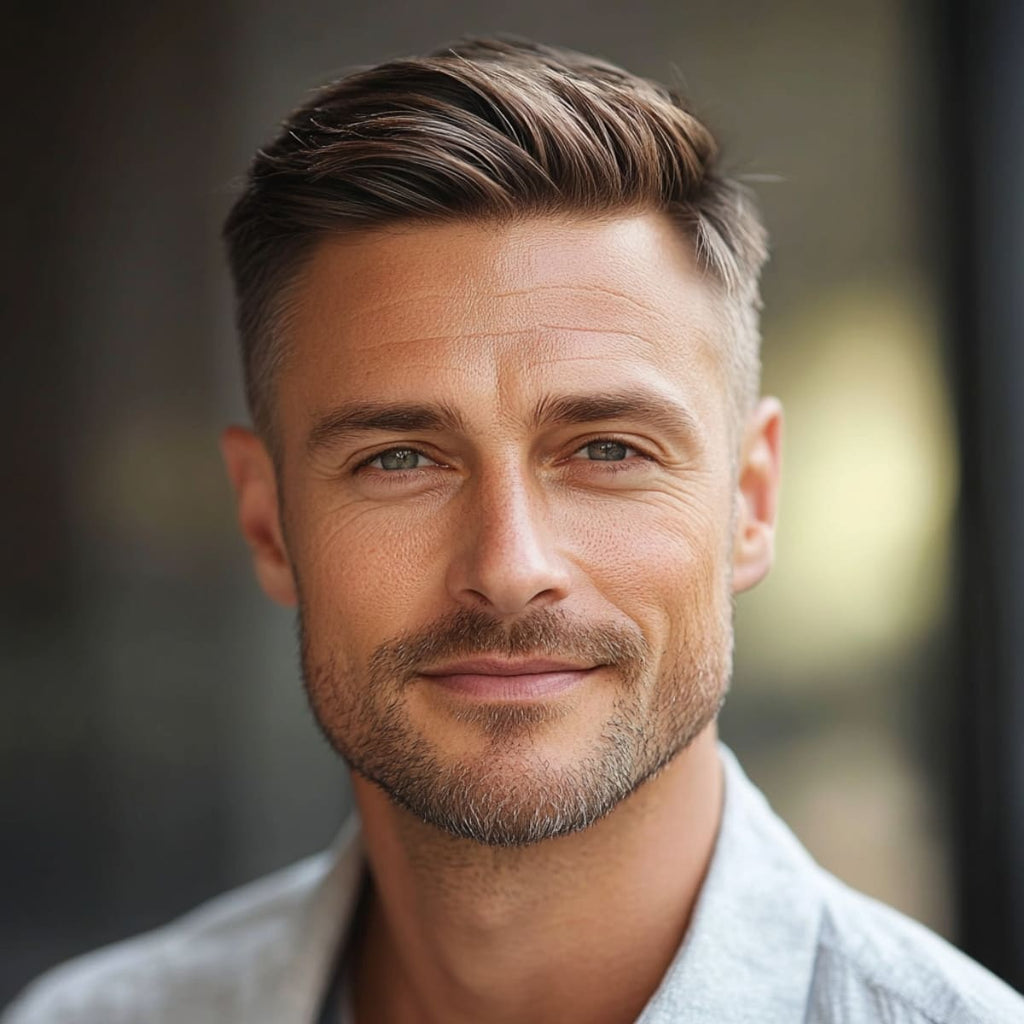 Smiling man with a neatly styled Ivy League haircut, exuding a clean, refined look. His short sides and slightly longer top add a touch of sophistication and timeless appeal, perfect for a confident, polished appearance.