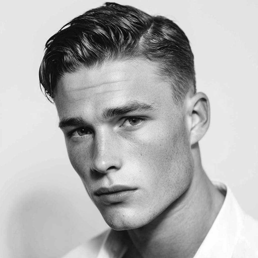 Man with an Ivy League haircut, featuring neatly tapered sides and a longer, textured top, styled with a subtle side part for a classic yet modern look. The well-groomed beard complements the hairstyle, adding to the polished and professional vibe. Paired with a tailored suit, white shirt, and patterned tie, this Ivy League cut is the epitome of refinement, making it an ideal choice for formal occasions that demand both style and sophistication.