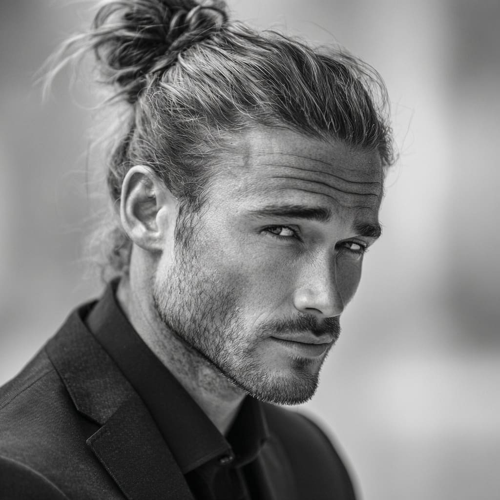 Man sporting a man bun, with long hair neatly tied up at the back of the head, offering a laid-back yet refined look. Loose strands frame the face, adding to the relaxed aesthetic. Paired with a well-tailored black suit, a partially unbuttoned white shirt, and subtle accessories, this hairstyle is a perfect blend of casual and formal. The man bun is a great option for men looking to maintain long hair in a sleek, controlled style for formal events.