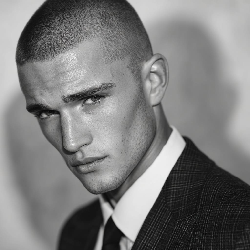 Man with a buzz cut, featuring closely cropped hair that creates a clean and minimalist appearance. This sharp, no-fuss hairstyle is paired with a tailored three-piece suit, exuding a sleek and professional vibe perfect for formal occasions. The buzz cut is an excellent choice for men seeking a low-maintenance yet refined look that pairs well with elegant attire.