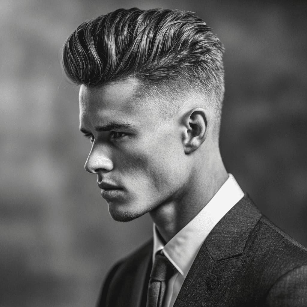 Man sporting a modern pompadour hairstyle, featuring voluminous hair styled upwards and slightly back with a natural flow. The sides are neatly trimmed, creating a balanced contrast with the fuller top. Paired with a subtle beard and formal attire, this look exudes both classic elegance and contemporary flair. Ideal for those seeking a men's formal hairstyle that combines timeless style with a fresh, modern twist.