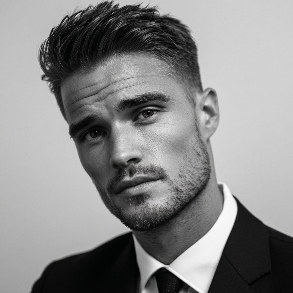 Man wearing a refined quiff with side part hairstyle, featuring neatly combed, voluminous hair on top with a sharp side part for definition. The sides are expertly tapered, creating a clean, professional look. Paired with a well-tailored suit and a subtle beard, this hairstyle is a perfect blend of modern flair and classic elegance, making it an ideal choice for those seeking sophisticated men's formal hairstyles.