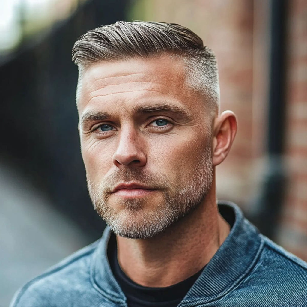 Man over 40 with a stylish short comb-over haircut, highlighting one of the best haircuts for men over 40 seeking a clean, polished look. His neatly faded sides and well-groomed style create a refined appearance, ideal for mature men who want a modern yet professional look.
