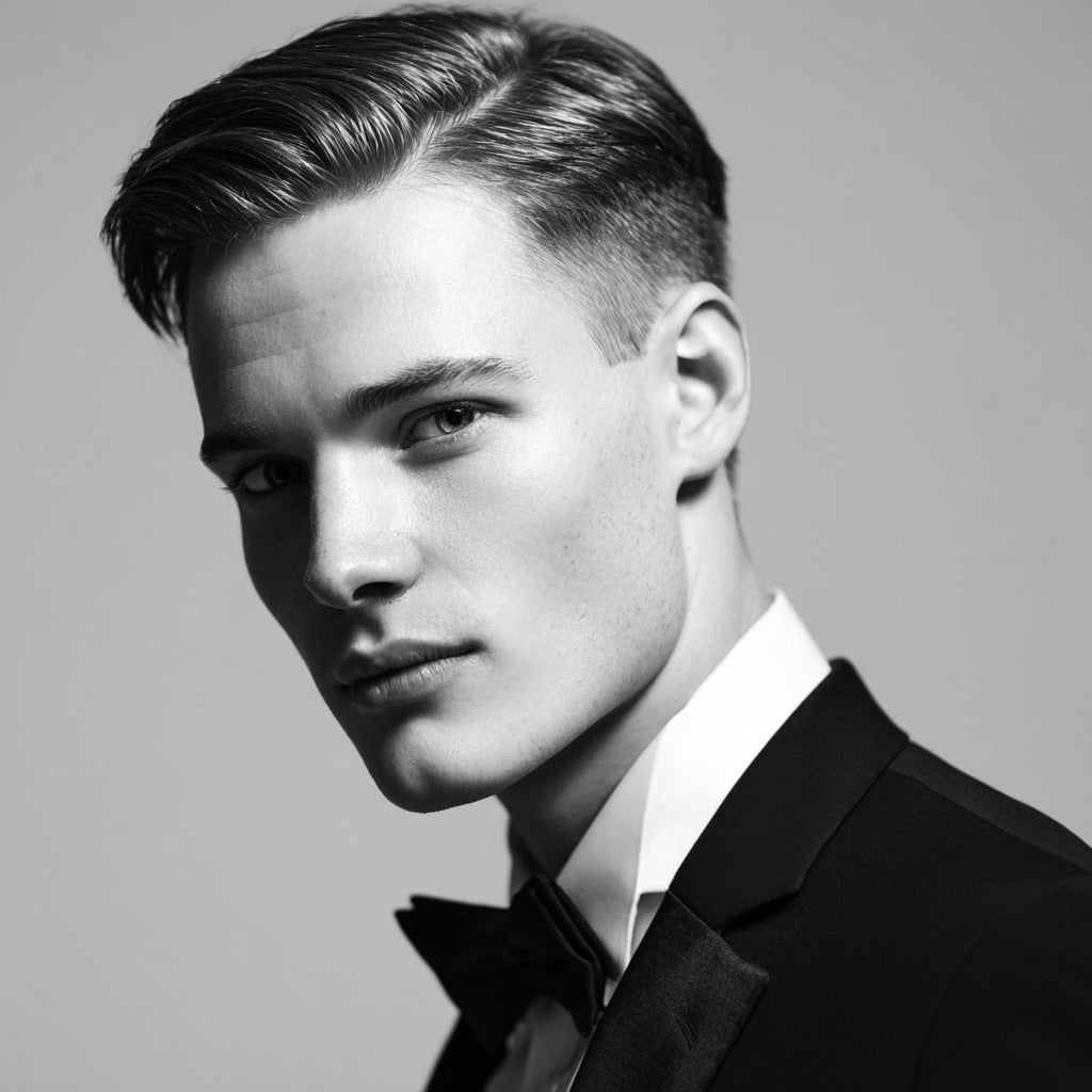 Man sporting a sleek side part hairstyle, with neatly combed hair and a clean fade on the sides, creating a sharp and polished look. Paired with a grey blazer and tie, this classic style is perfect for formal events, showcasing one of the most timeless and elegant men's formal hairstyles.