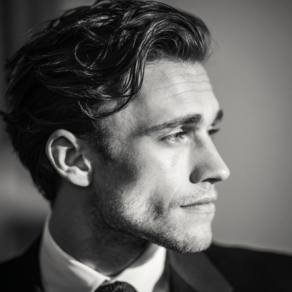 Man with a side-swept hairstyle, featuring longer, textured hair on top that is casually swept to the side, paired with a short, clean fade on the sides. This effortlessly stylish look is perfect for formal occasions, blending laid-back charm with a sophisticated edge. With sunglasses, a neatly trimmed beard, and a classic black blazer over a white shirt, this ensemble offers a modern take on men's formal hairstyles, ideal for confident, fashion-forward individuals.