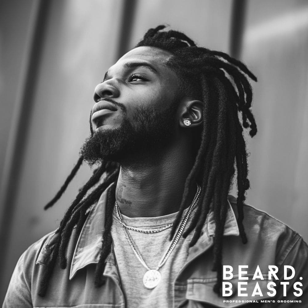 Man with long, well-maintained dreadlocks and a neatly groomed beard, wearing a sharp suit and tie. This polished, professional look highlights the versatility of men's hairstyles for long hair, with dreadlocks offering a stylish yet culturally rich expression that suits both formal and casual settings.