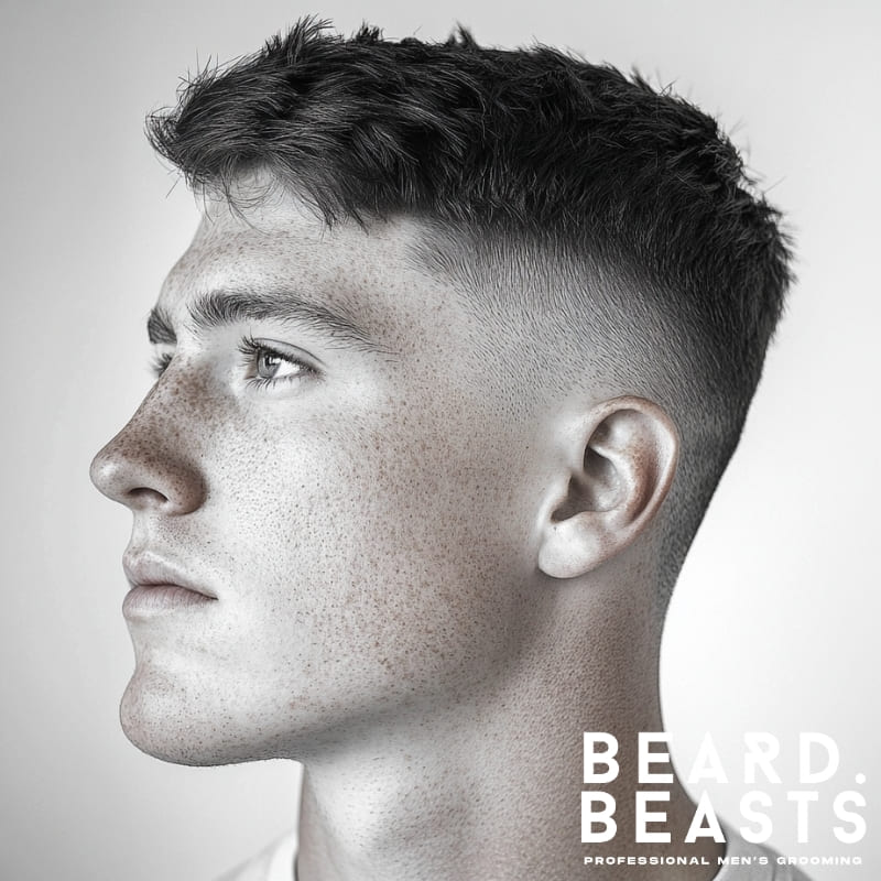 Side profile of a young man with a messy crew cut and drop fade, featuring textured, tousled hair on top and a clean, curved fade around the ear and neckline — modern men's hairstyle for a sharp yet relaxed look, branded with Beard Beasts professional men's grooming logo.