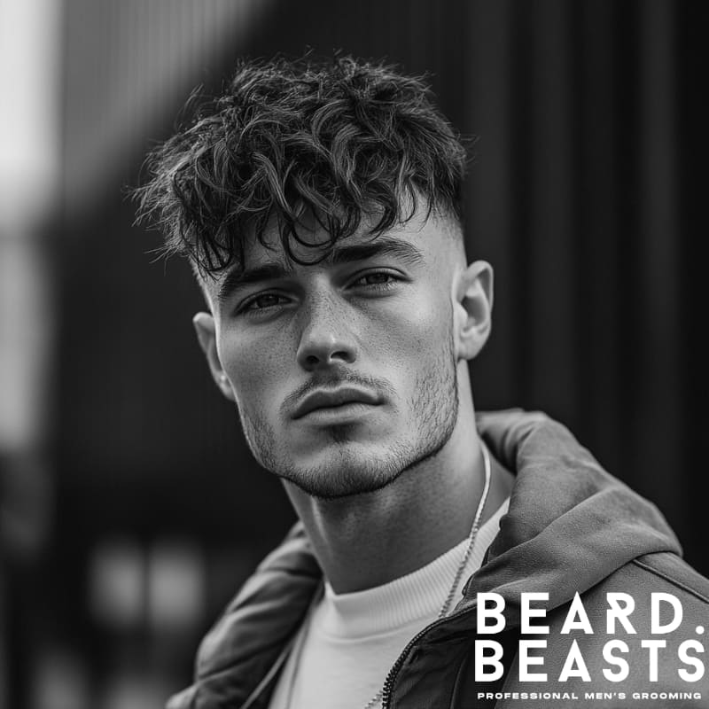 Young man with a messy fringe haircut and mid fade, highlighting one of the trendiest fringe haircuts for men with thick wavy hair in 2025.