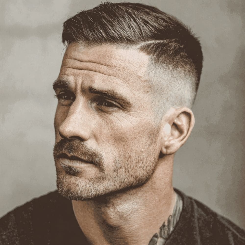 Man with a regulation cut hairstyle, featuring short faded sides and a longer top styled neatly, representing a classic military haircut for men.