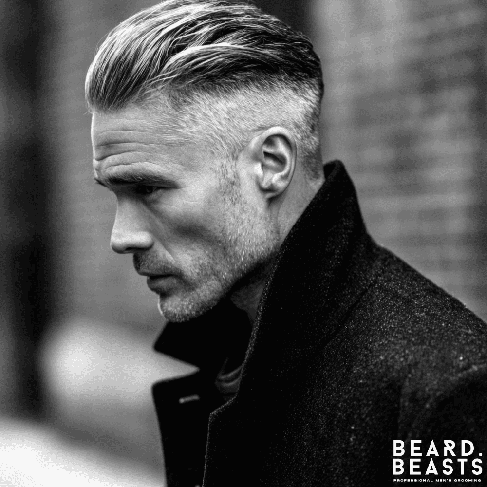 A close-up profile shot of a man with a stylish salt and pepper haircut. His hair features faded sides and a longer top brushed back, highlighting the mix of dark and white hair. He has matching stubble and is wearing a dark, high-collared coat.