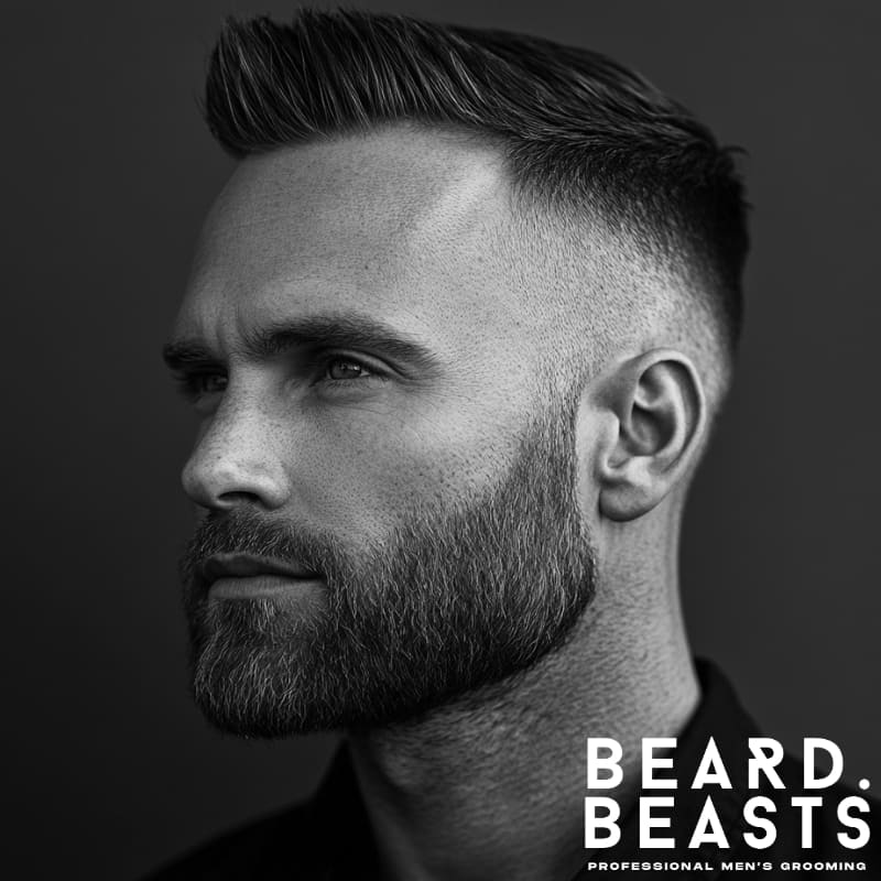 A black and white portrait of a confident man with an oblong face shape sporting a Short Boxed Beard. His beard is neatly trimmed with full sides and a squared-off bottom, enhancing facial width while maintaining a structured, masculine look. His cheek line is clean and well-defined, complementing his sharp jawline. He has a modern, textured hairstyle with a fade on the sides, which balances his facial proportions. The Beard Beasts logo is displayed in the bottom right corner, reinforcing a professional men’s grooming aesthetic.