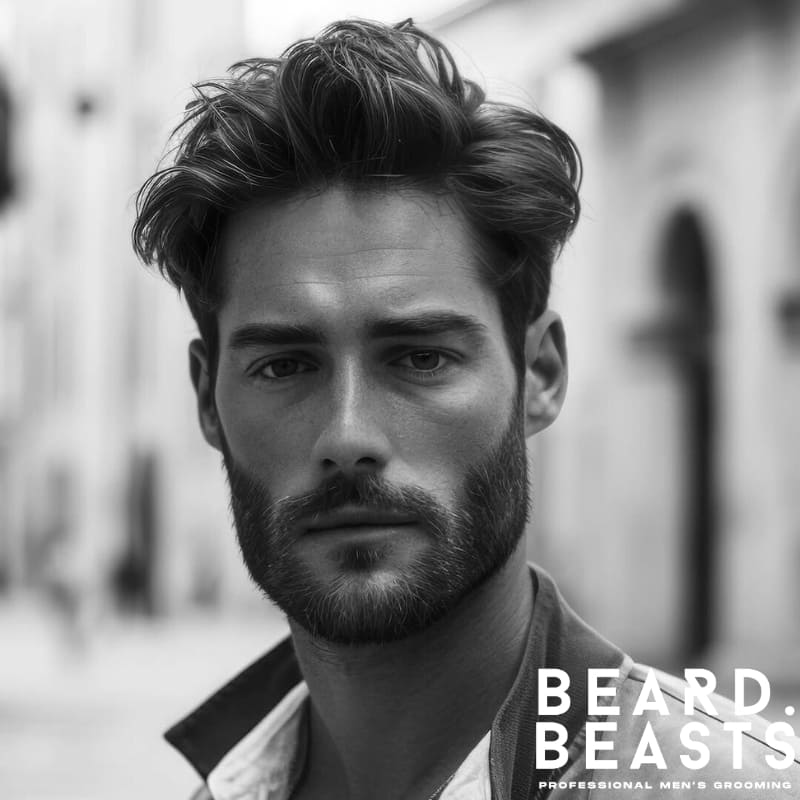 Man with a short corporate beard showcasing one of the best short beard styles for men in 2025, featuring clean cheek lines, a defined jawline, and well-groomed stubble for a sharp, professional look.
