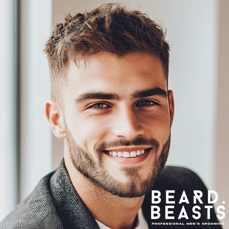Smiling man with a short crew cut and high fade, featuring neatly cropped textured hair on top and cleanly faded sides — modern men’s haircut example by Beard Beasts professional grooming brand.