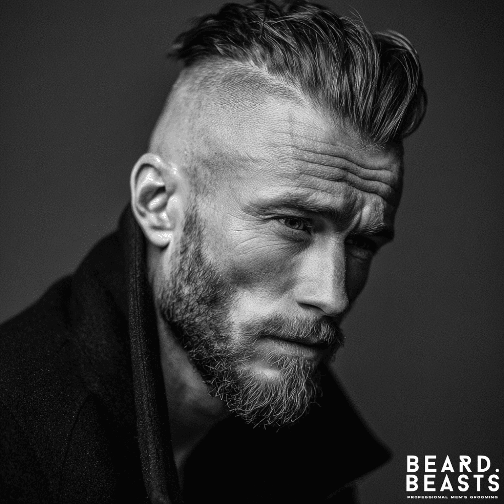 Side profile of a man with a skin undercut slicked back haircut, featuring a dramatic contrast between the shaved sides and the longer, slicked back top. He has a neatly trimmed beard, enhancing the bold and edgy look.