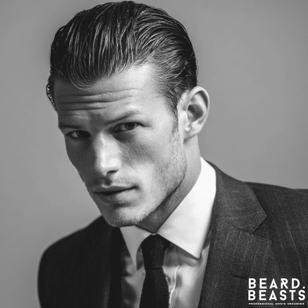 A professional black and white portrait of a man with a sleek and classy slick back hairstyle. He is looking confidently at the camera and is formally dressed in a dark suit, white shirt, and tie.