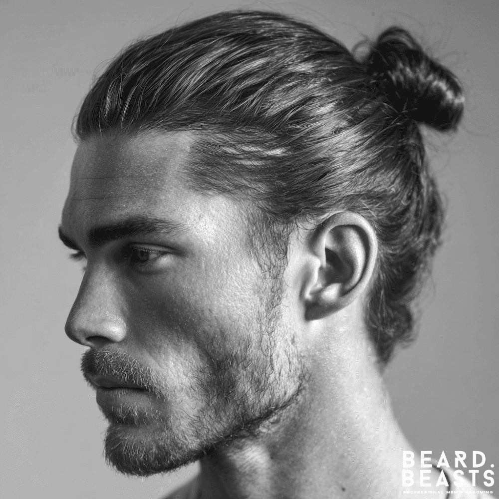 A close-up, black and white profile portrait of a man with a slick back man bun. His long hair is pulled back from his face and tied into a neat bun. He has a short beard and is looking off to the side.