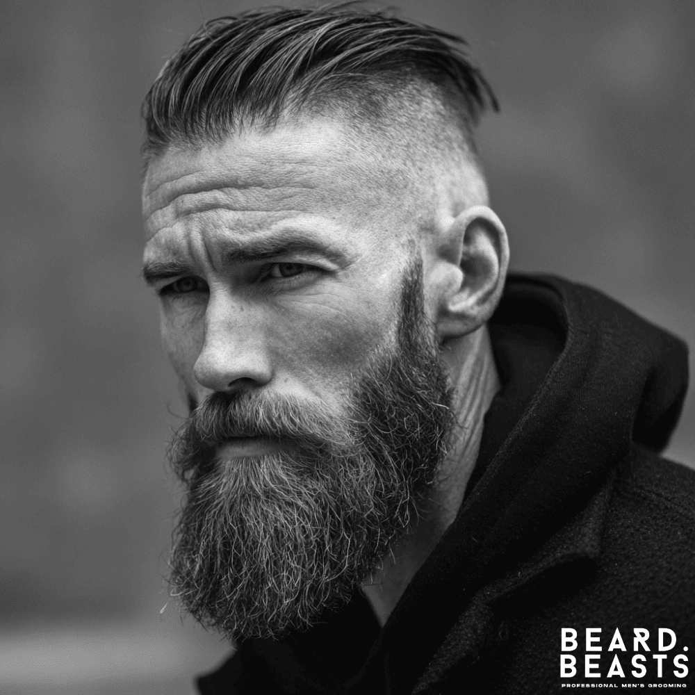 A close-up, black and white portrait of a man with a rugged appearance. He has a disconnected undercut hairstyle with the top slicked back, a full beard, and is wearing a dark, hooded coat.