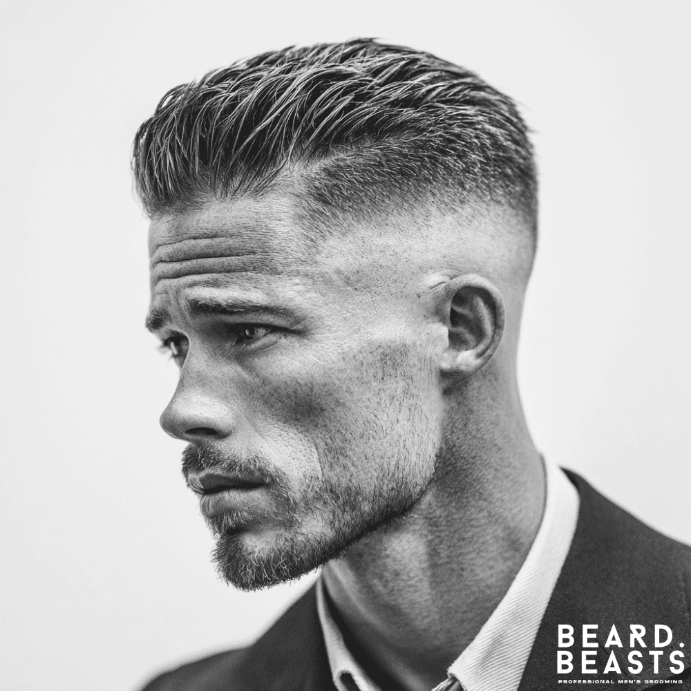 A close-up, black and white profile portrait of a man with a modern haircut. His hair features a high skin fade on the sides, with the top styled into a textured slick back showing clear separation between the strands. He has a short, well-groomed beard.