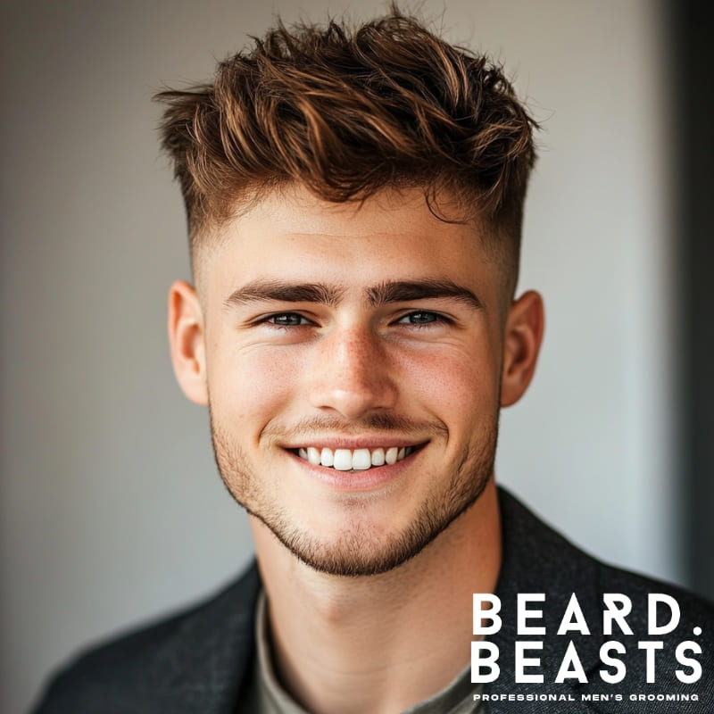 Smiling young man with a textured messy crew cut and mid fade, featuring tousled volume on top and cleanly faded sides—modern men's hairstyle by Beard Beasts.