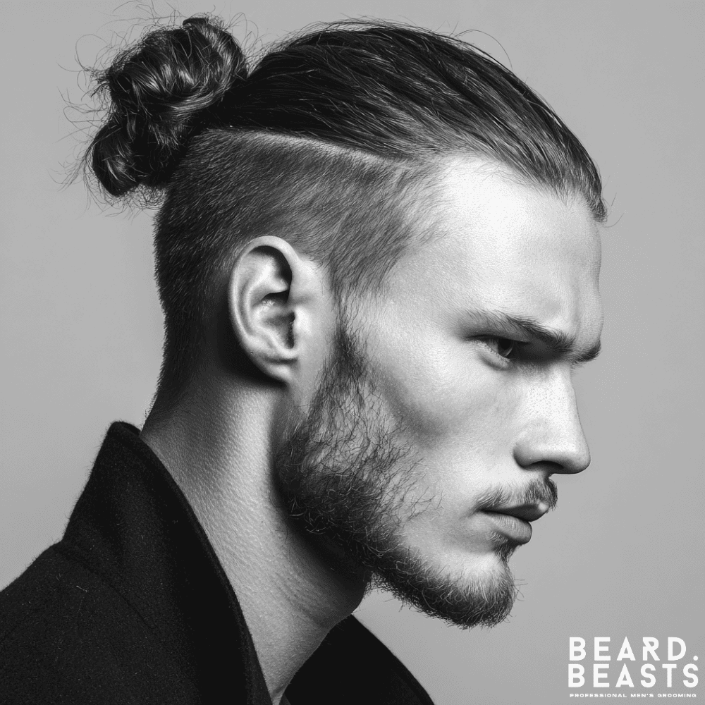 A black and white profile portrait of a man with a modern hairstyle, featuring an undercut with buzzed sides and long hair on top that is slicked back into a neat man bun. He has a well-groomed beard and a serious expression.