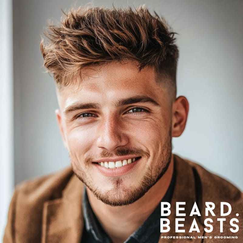Smiling man with a voluminous messy crew cut featuring a skin fade, styled with textured lift and natural flow on top — a modern, confident hairstyle for men, highlighted with the Beard Beasts professional men’s grooming logo.