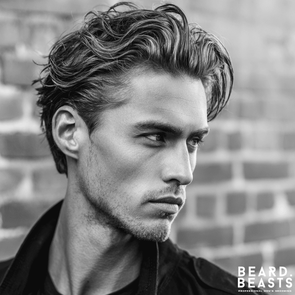 A black and white portrait of a man with a wavy slick back haircut, looking over his shoulder. His textured, wavy hair is styled back, and he has light stubble and strong facial features. The background is a blurred brick wall.