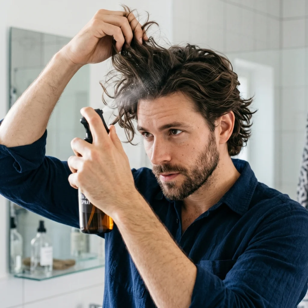 Man lifting his hair and applying sea salt spray near the roots