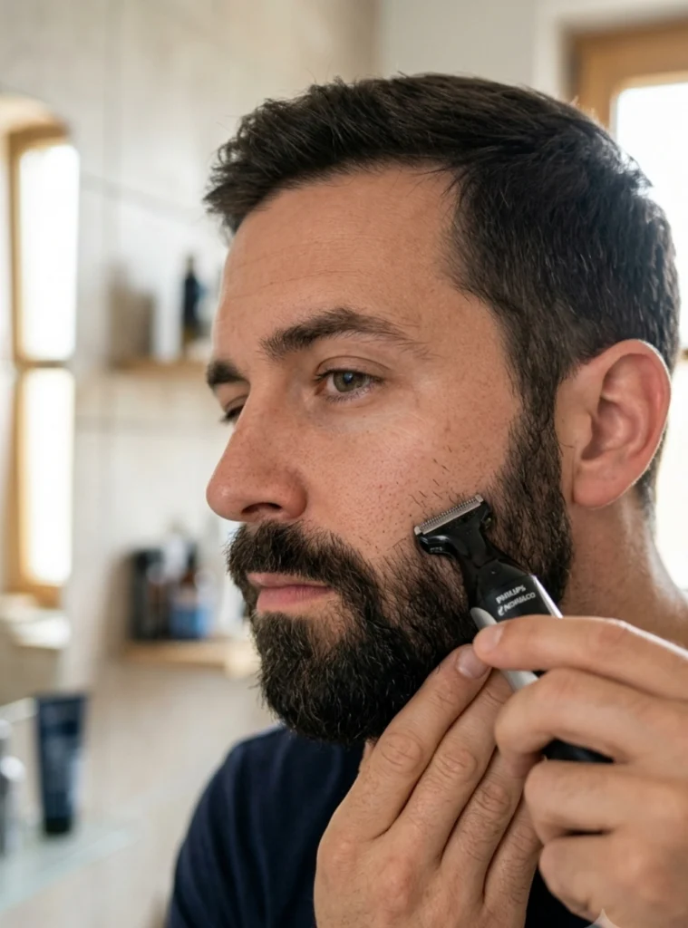 Man trimming stray hairs above his natural beard cheek line